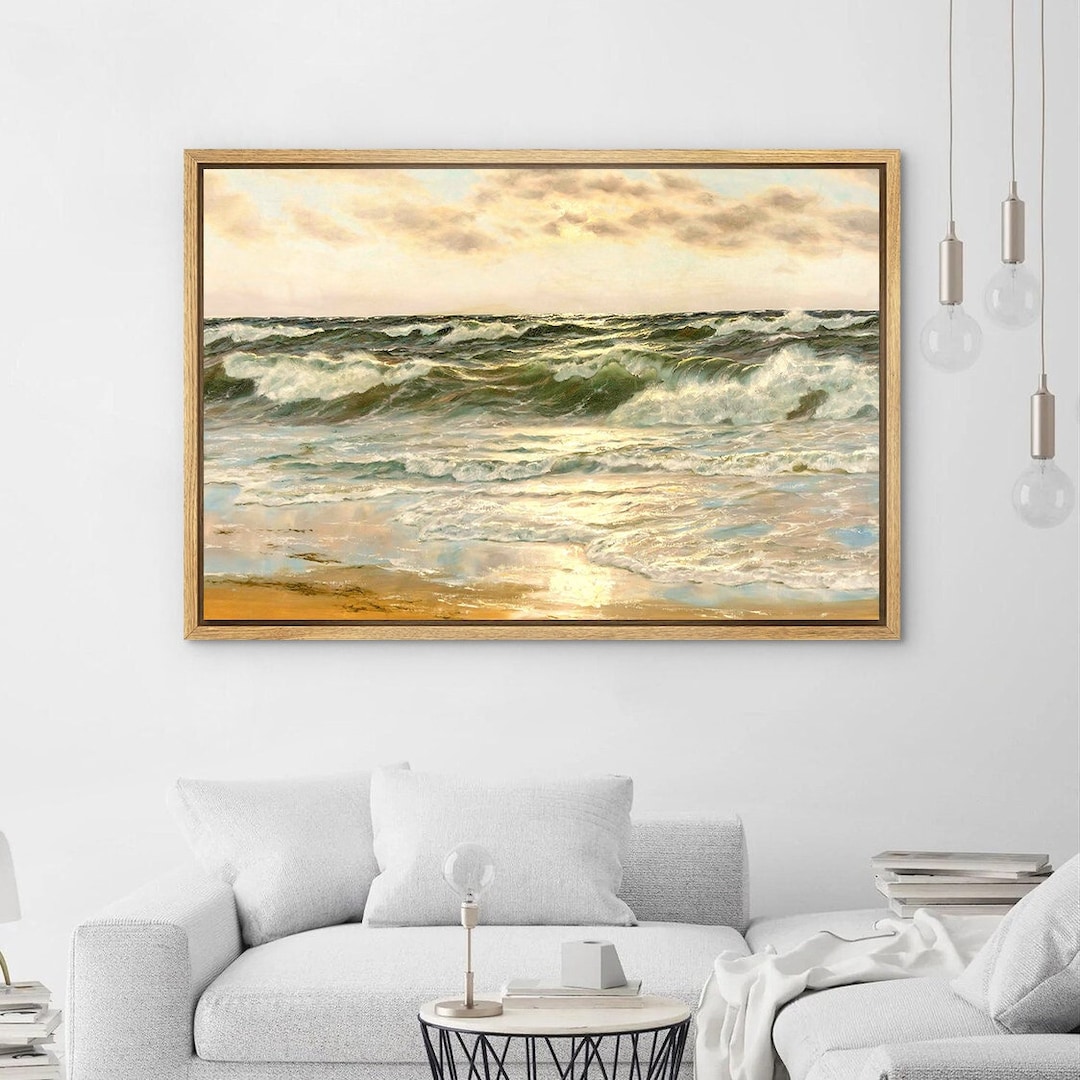 Framed Canvas Wall Art Sunset on Ocean Beach Shore Sea Green Waves ...