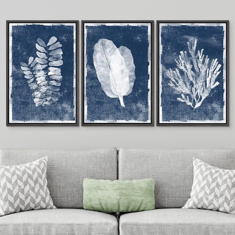 3 Piece Framed Canvas Wall Art Set Navy Blue Tropical Leaves Coastal ...