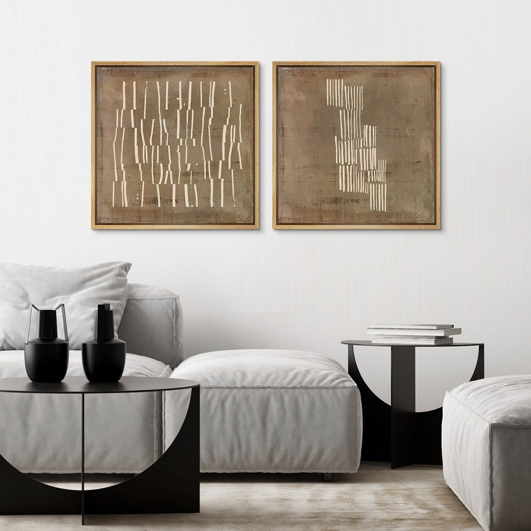 Framed Canvas Wall Art Set of 2 Abstract Geometric Line Art Print Beige ...