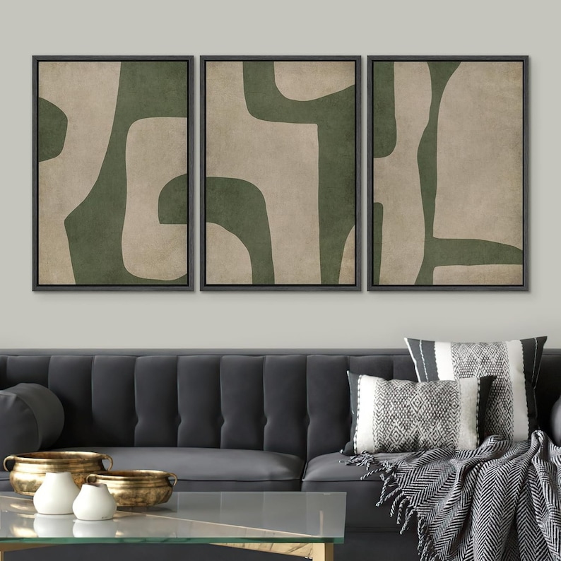 3 Pieces Framed Canvas Wall Art Prints Abstract Beige Green Geometric ...