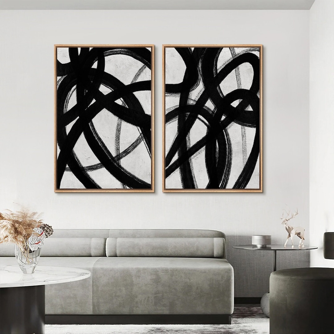 Framed Canvas Wall Art Set, Black and White Paint Ring, Abstract Decor ...
