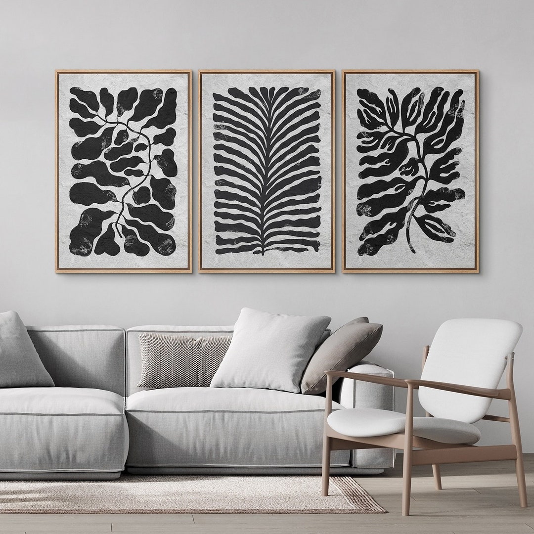 Framed Canvas Wall Art Set 3 Black and White Floral Abstract Botanical ...
