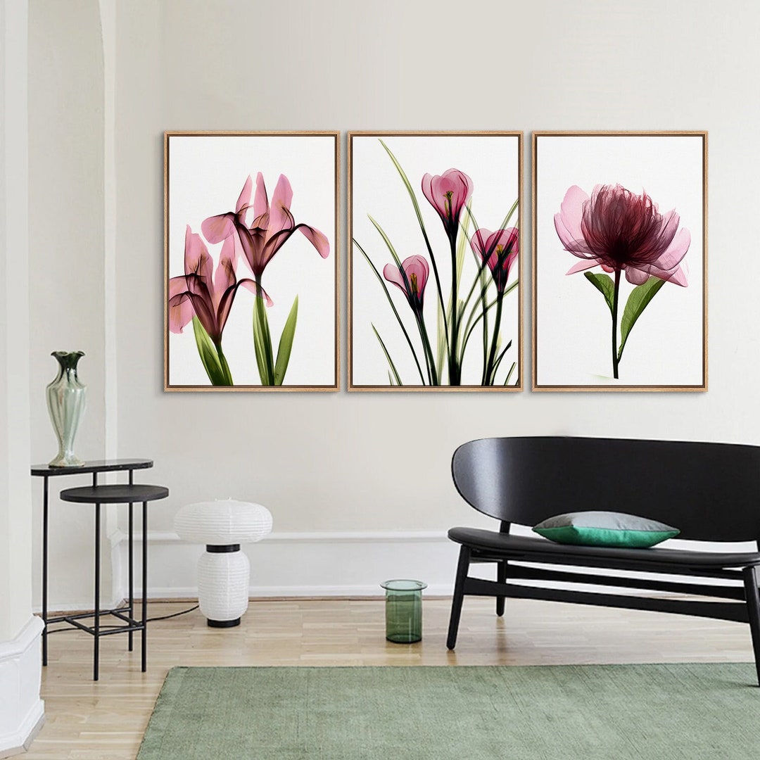 3 Piece Framed Canvas Wall Art Set, Pink Flower Floral Prints ...