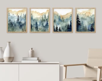 Set of 4 Framed Prints Wall Art Set, Watercolor Forest Mountain Prints, Pine Tree Art Prints, Minimalist Modern Art, Nature Wall Decor