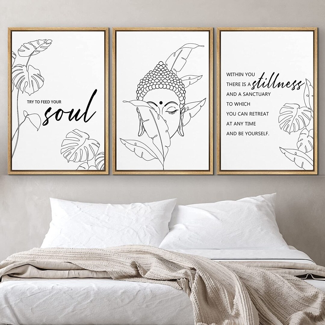 3 Piece Framed Canvas Wall Art Set Black White Buddha Inspirational ...