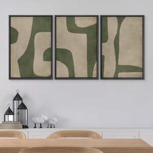 3 Pieces Framed Canvas Wall Art Prints Abstract Beige Green Geometric ...
