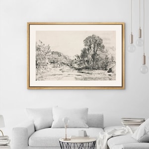 Framed Canvas Wall Art, Sketch Wall Art, Rustic Country Nature Landscape Print, Minimalist Vintage Art, Modern Farmhouse Forest Wall Decor