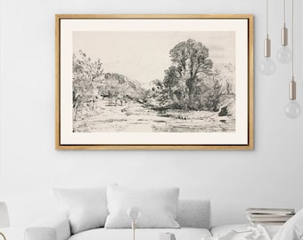 Framed Canvas Wall Art, Sketch Wall Art, Rustic Country Nature Landscape Print, Minimalist Vintage Art, Modern Farmhouse Forest Wall Decor