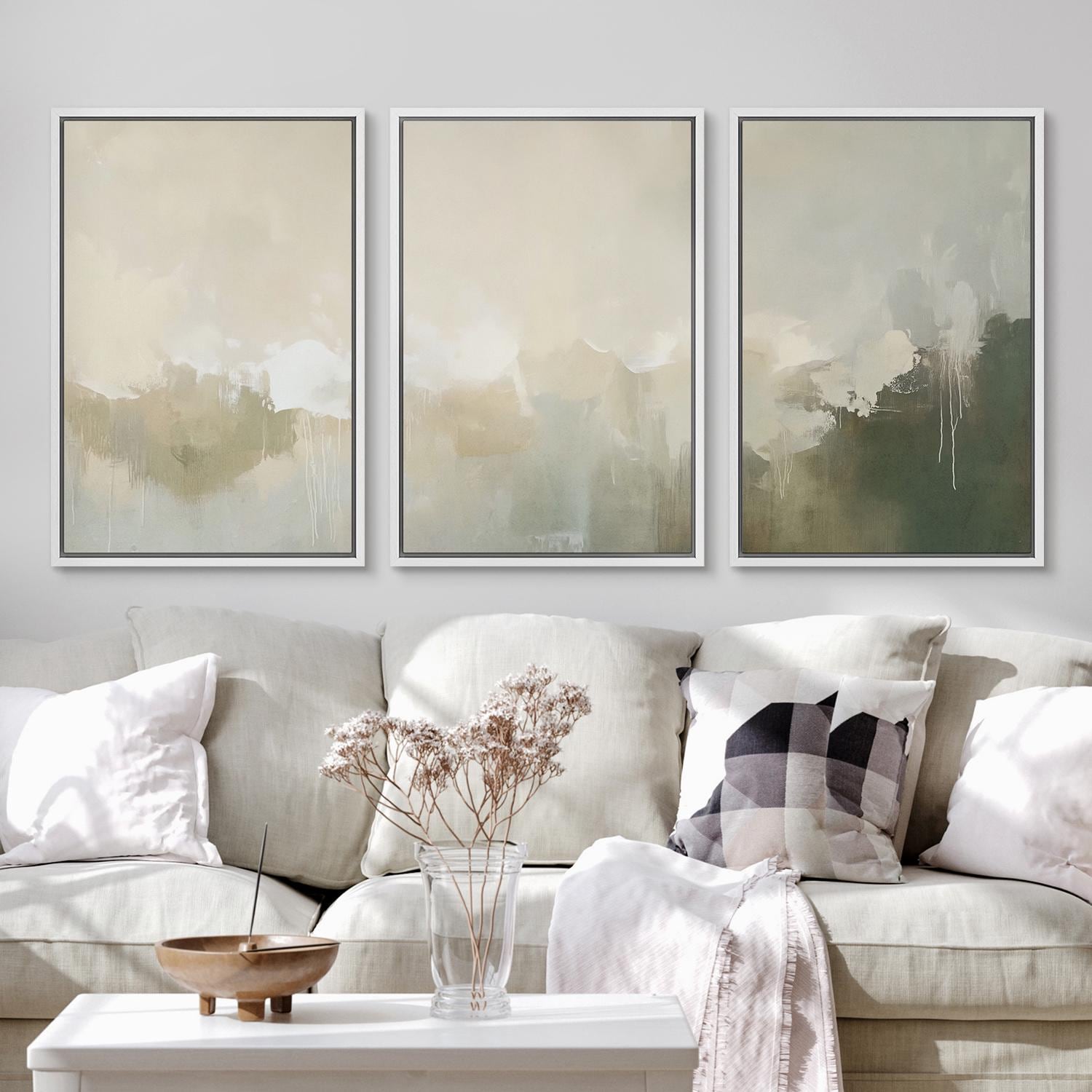 Minimalist Triptych Wall Art - Set of 3 Framed Beige & Sage Canvas ...