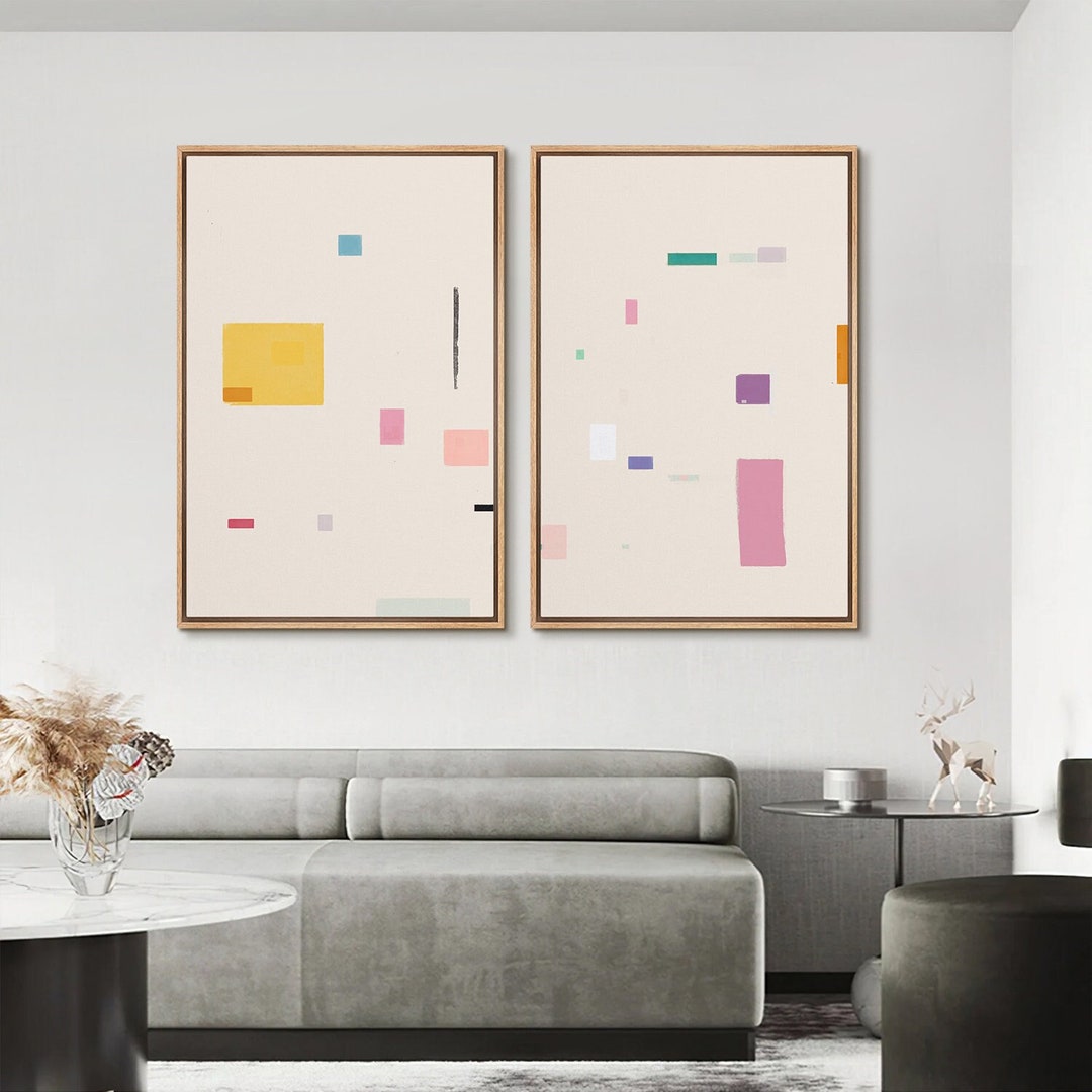 2 Piece Framed Canvas Wall Art Set, Abstract Geometric Color Block ...