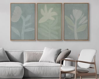 Abstract Floral Art - Set of 3 Framed Minimalist Botanical Canvas Prints in Soft Green & Blue, Modern Nature Art for Bedroom or Living Room
