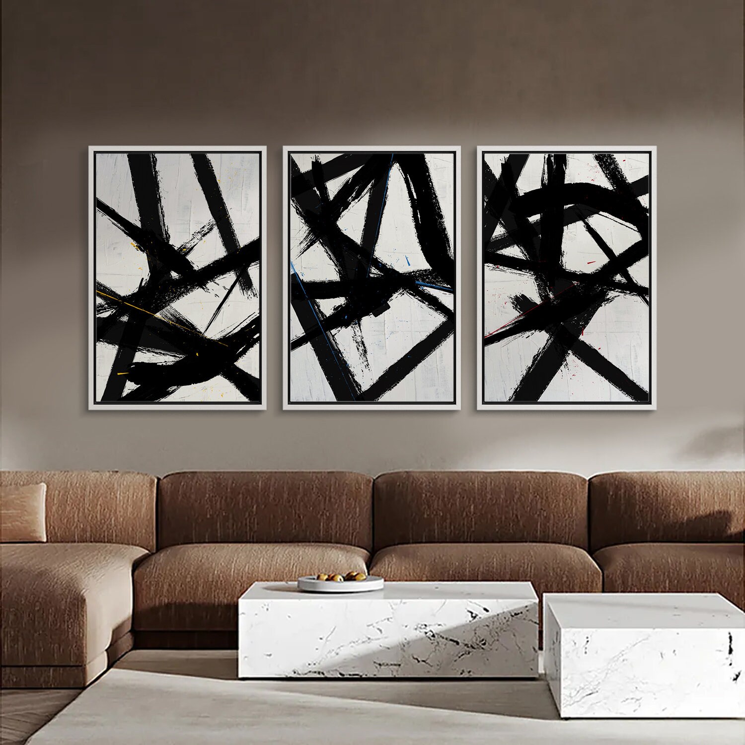 Framed Canvas Wall Art Prints Set of 3 Abstract Black and White ...