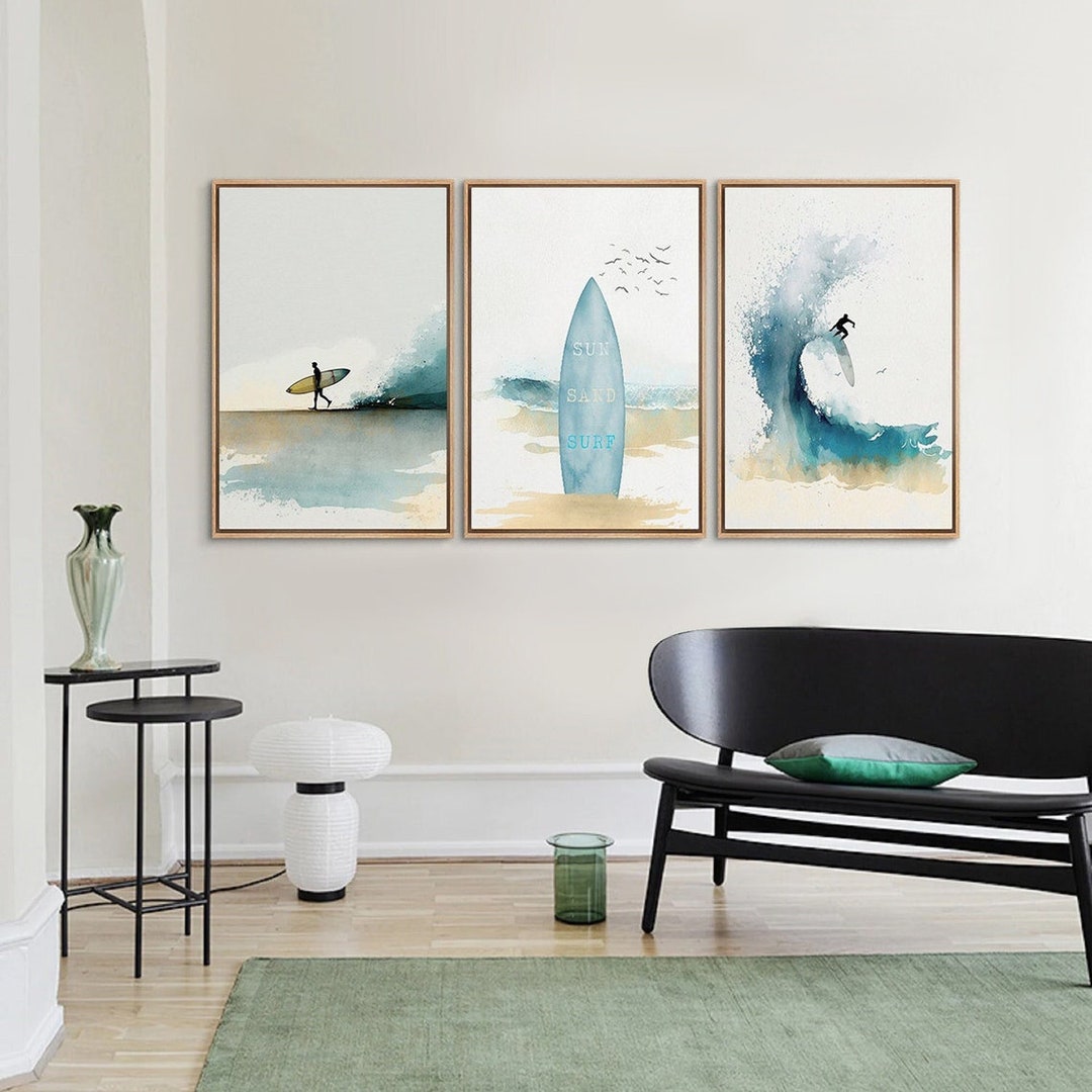 Framed Canvas Wall Art Set of 3 Coastal Ocean Wave Watercolor Blue ...