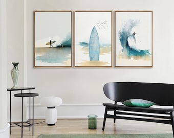 Framed Canvas Wall Art Set of 3 Coastal Ocean Wave Watercolor Blue Prints Minimalist Modern Wall Art Decor Living Room