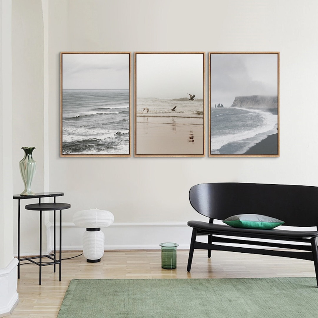 Framed Canvas Wall Art Set of 3 Misty Beach Shore Coastal Ocean ...