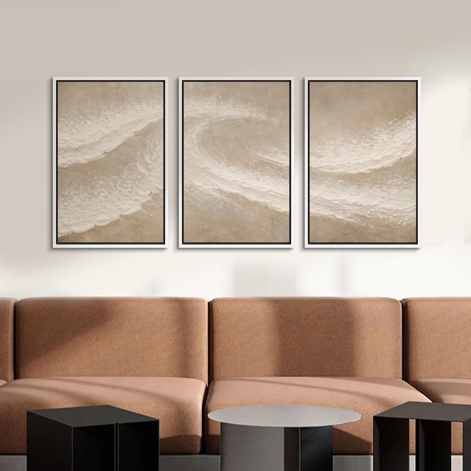 Framed Neutral Abstract Wave Wall Art Set of 3, Minimal Coastal Canvas ...