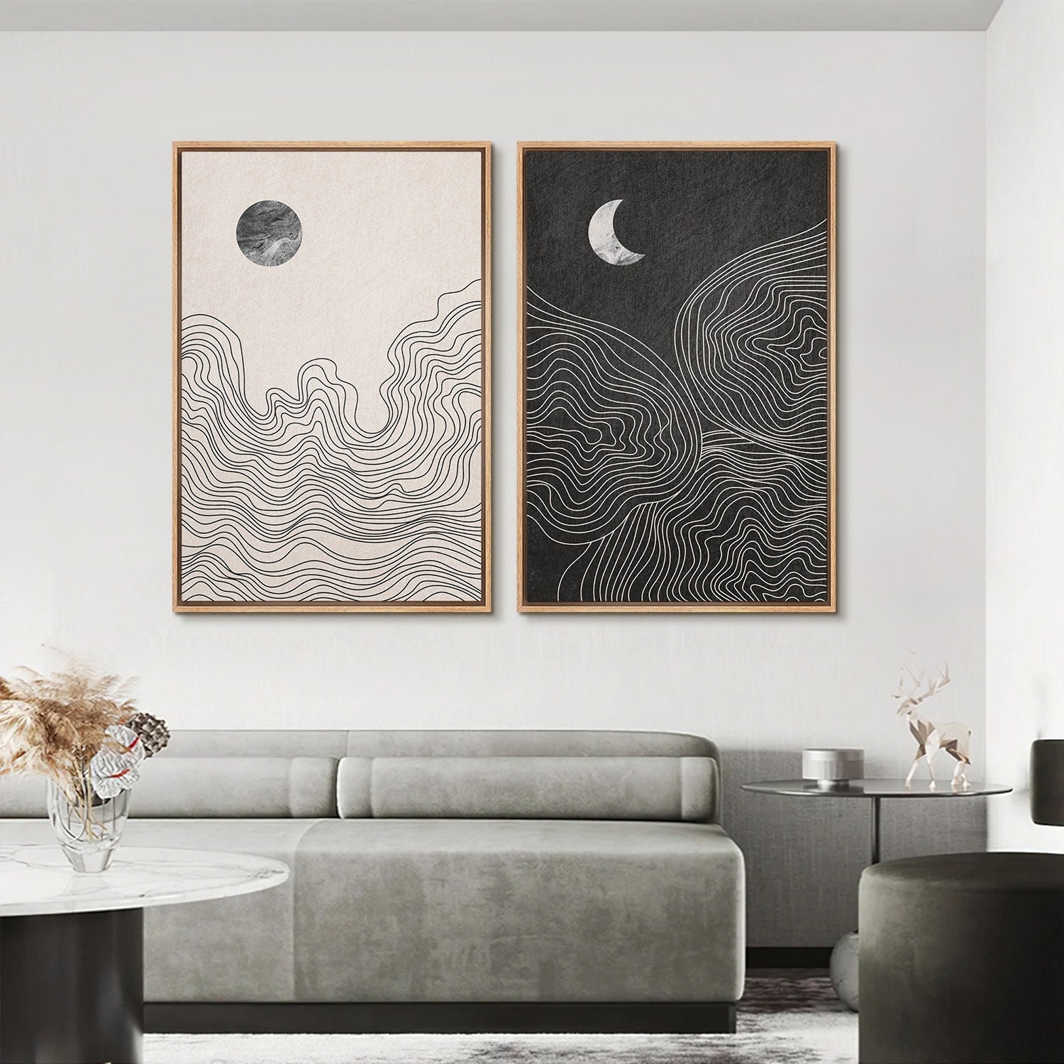 Framed Japandi Sun and Moon Wave Wall Art Set of 2, Neutral