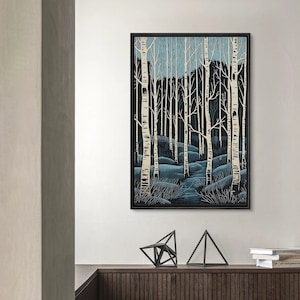 May include: A digital art print of a forest scene with white birch trees and a blue path leading into the woods. The trees are silhouetted against a blue sky.