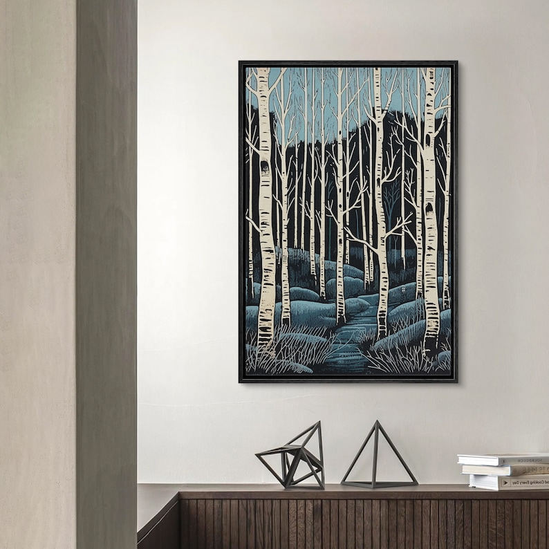 May include: A digital art print of a forest scene with white birch trees and a blue path leading into the woods. The trees are silhouetted against a blue sky.