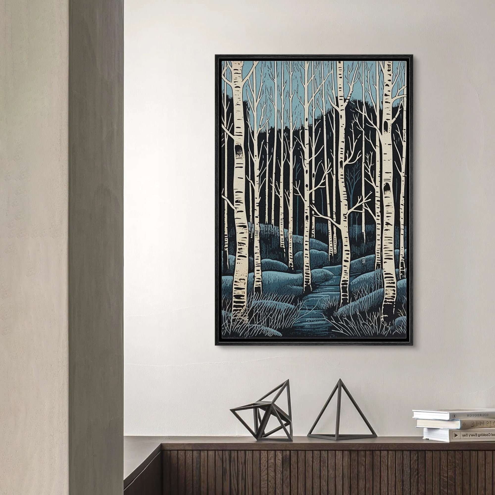 Framed Canvas Wall Art Navy Blue Birch Tree Forest Landscape Prints ...