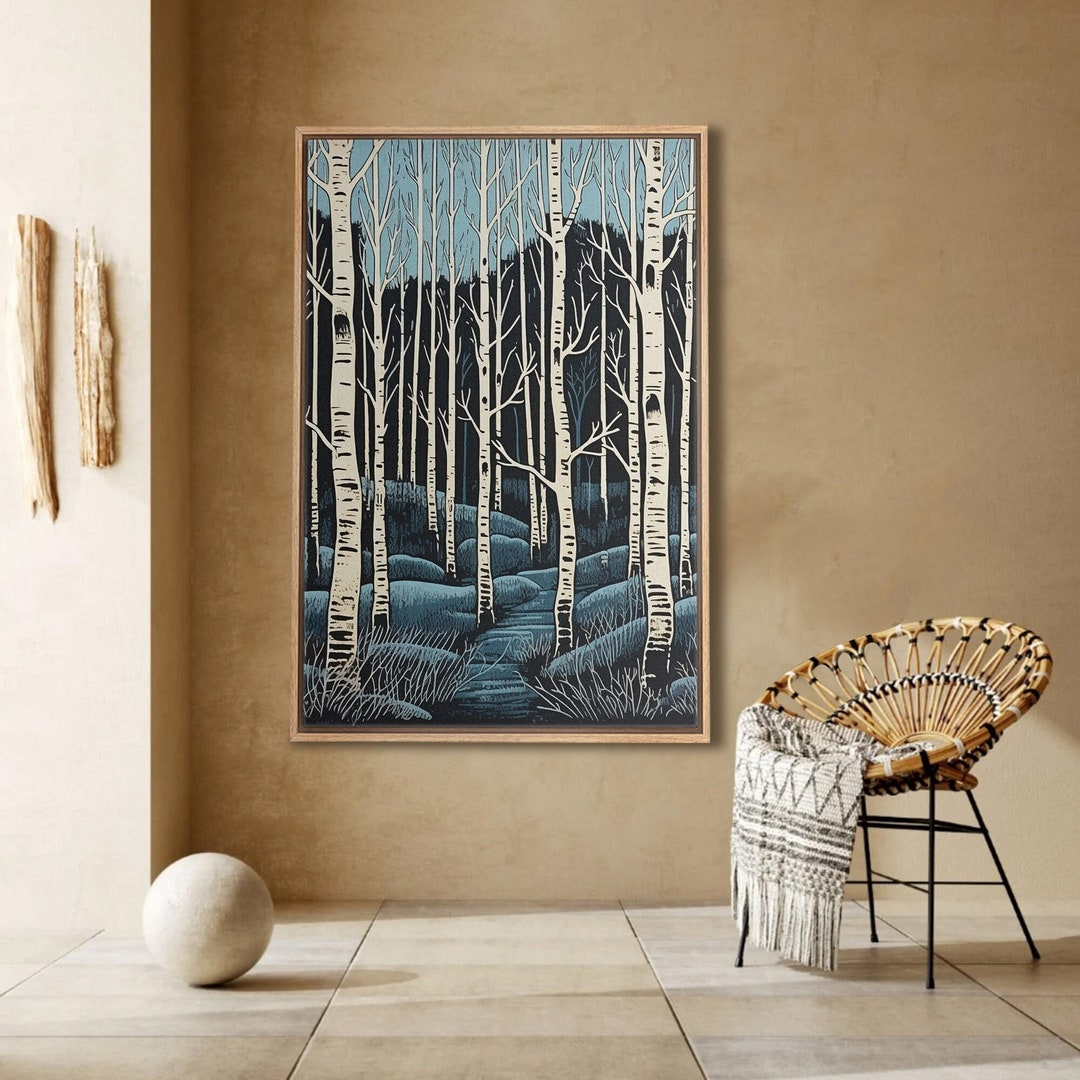Framed Canvas Wall Art Navy Blue Birch Tree Forest Landscape Prints ...
