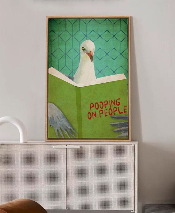 Funny Reading Pigeon Wall Art - Framed Cute Bird Canvas, Toilet Humor Bathroom Sign, Cheeky Laundry Room Decor, Trendy Gift for Animal Lover