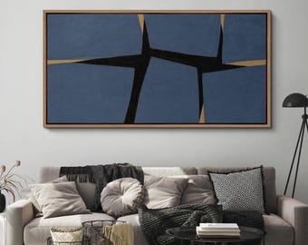 Large Blue Geometric Abstract Framed Wall Art, Modern Minimalist Canvas Print, Contemporary Mid Century Decor for Living Room
