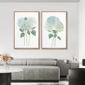 Watercolor Hydrangea Wall Art - Set of 2 Framed Botanical Canvas Prints, Minimalist Blue & Green Floral Decor for Living Room or Bathroom