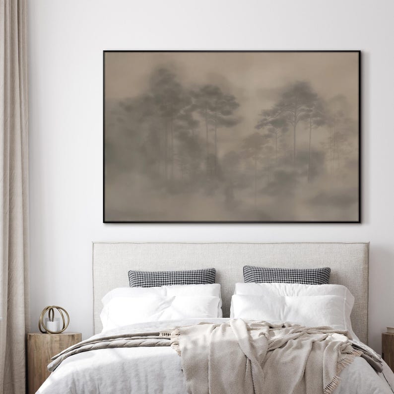 Extra Large Framed Wall Art, Misty Forest Landscape Print, Neutral ...