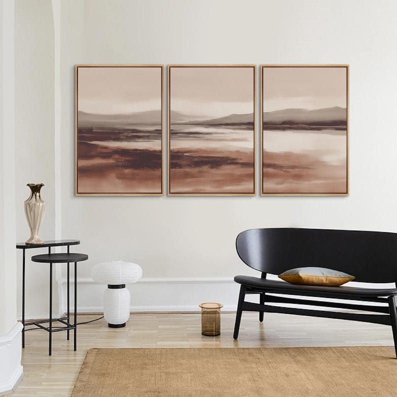 Minimalist Warm Abstract Landscape Wall Art, Large Framed Neutral Beige ...