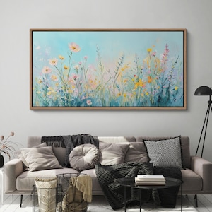 Large Abstract Wildflower Painting Print, Framed Canvas Soft Pastel Floral Nature Art, Vibrant Rustic Flower Artwork,  Farmhouse Home Decor