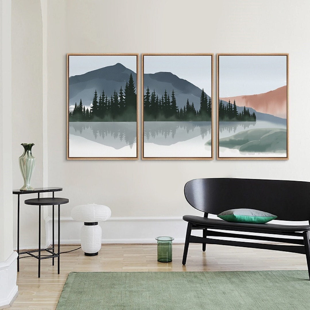 Framed Canvas Wall Art Set of 3 Navy Blue Mountain Forest Prints Lake ...