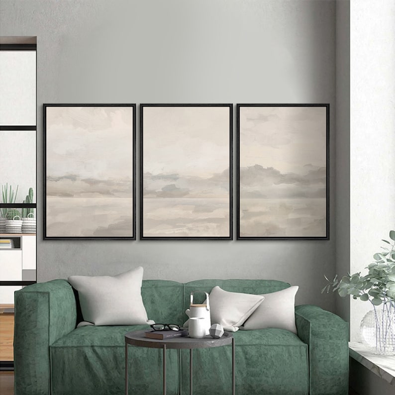 Framed Canvas Wall Art Set of 3 Abstract Beige Gray Art Prints Sky ...