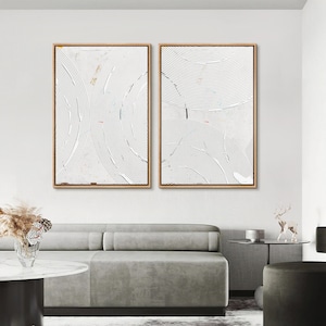 Framed Canvas Wall Art Set of 2 Abstract Geometric White Art Print Minimalist Modern Wall Art Living Room Decor
