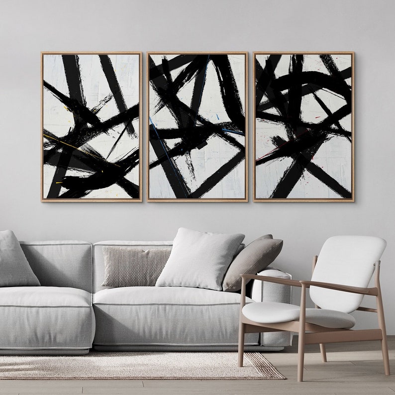 Framed Canvas Wall Art Prints Set of 3 Abstract Black and White ...
