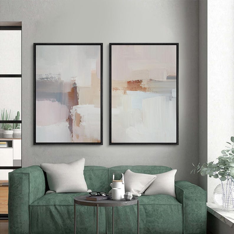 Framed Neutral Abstract Wall Art Set of 2, Soft Beige Minimalist Canvas ...