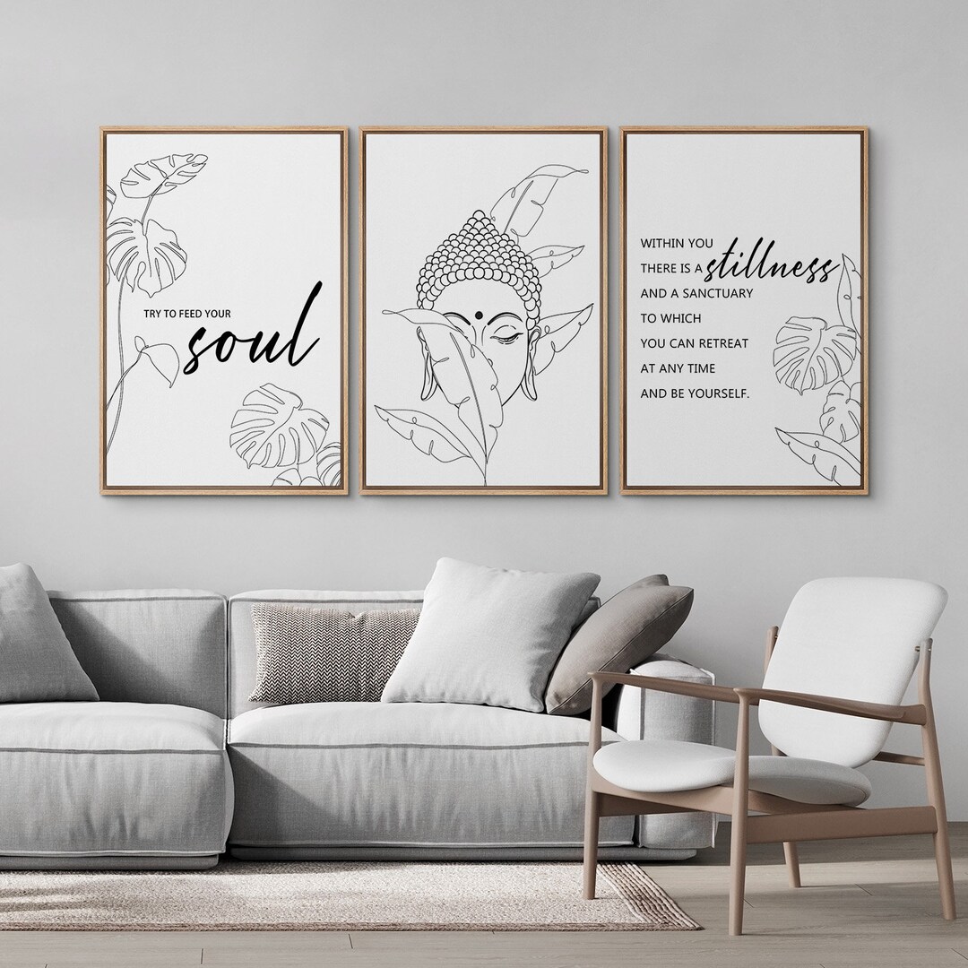 3 Piece Framed Canvas Wall Art Set Black White Buddha Inspirational ...