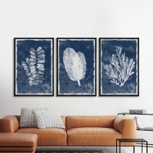 3 Piece Framed Canvas Wall Art Set Navy Blue Tropical Leaves Coastal ...