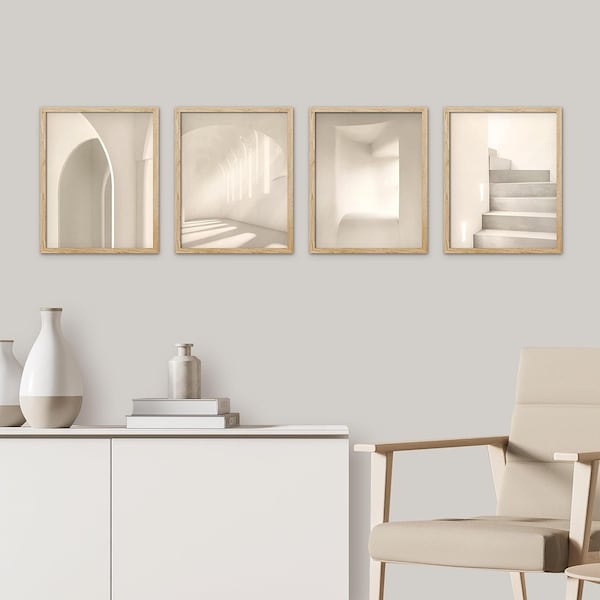 Set of 4 Framed Prints Wall Art Set, Beige Architecture Prints, Geometric Abstract Shapes Art, Minimalist Modern Art, Neutral Home Decor