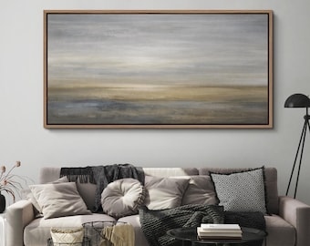 Large Framed Minimal Abstract Landscape Wall Art, Soft Gray-Blue Horizon Canvas Print, Modern Calm Nature Artwork for Bedroom Decor