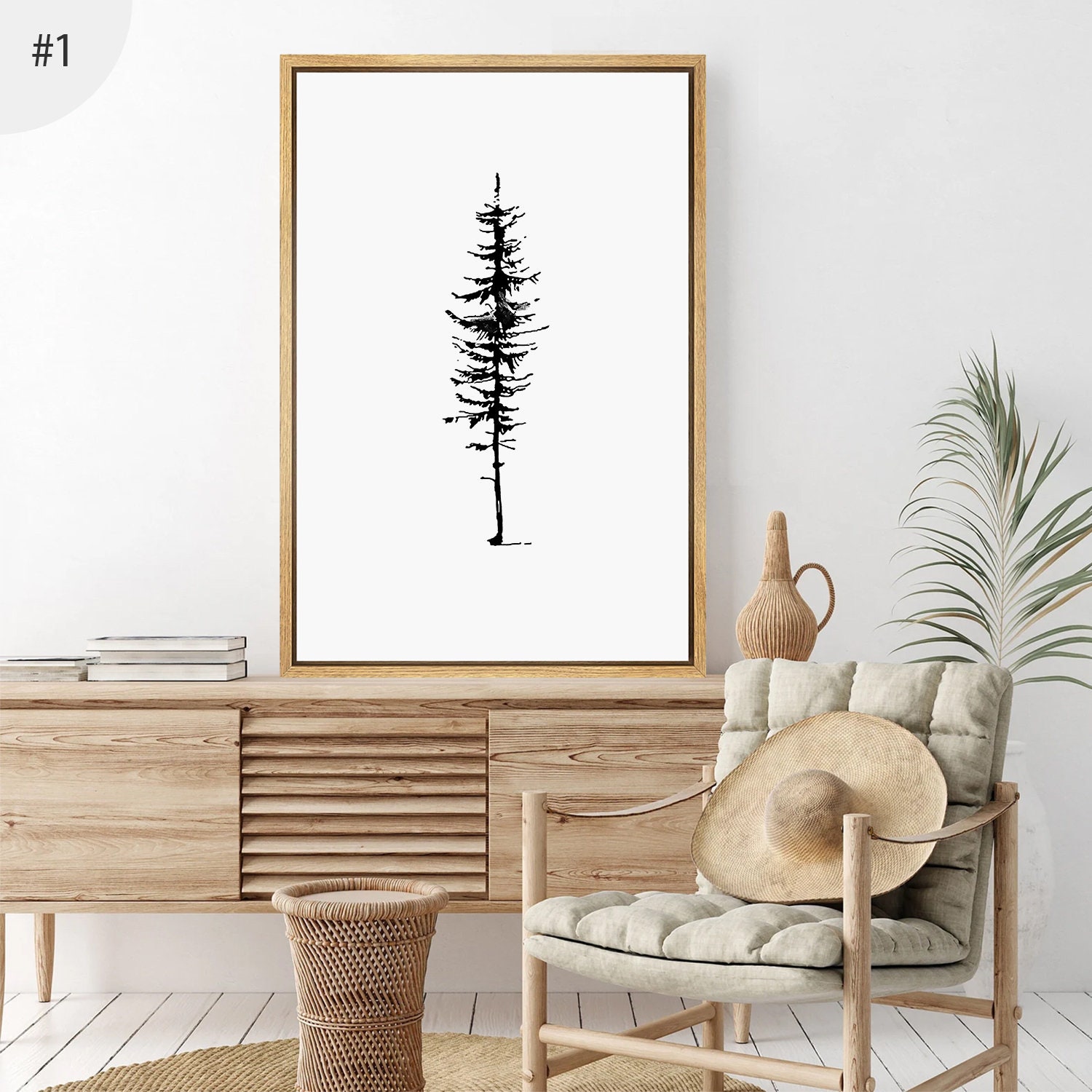 3 Piece Framed Canvas Wall Art Set, Black and White Pine Tree Prints ...