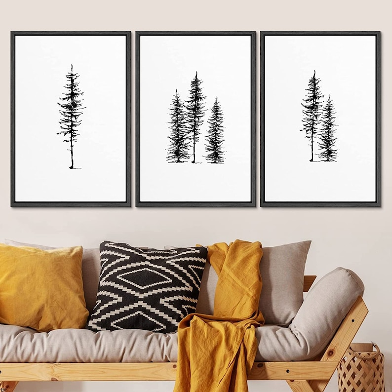3 Piece Framed Canvas Wall Art Set Black and White Pine Tree - Etsy