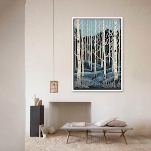 May include: A blue and white woodblock print of a forest path with birch trees. The path leads into the distance, with the trees lining both sides. The trees are white with black bark, and the ground is covered in blue and green foliage.