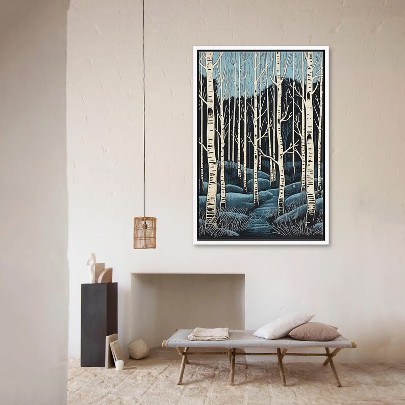 May include: A blue and white woodblock print of a forest path with birch trees. The path leads into the distance, with the trees lining both sides. The trees are white with black bark, and the ground is covered in blue and green foliage.
