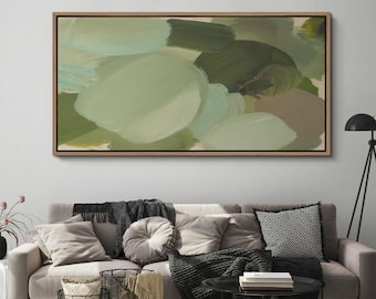 Abstract Green Brushstroke Wall Art, Large Framed Soft Sage & Olive Modern Minimalist Canvas Print, Contemporary Living Room Decor