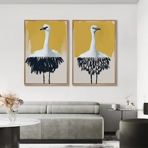2 Piece Framed Canvas Wall Art Set, Abstract Bird Ostrich Painting, Minimalist Animal Canvas Print, Nordic Style Birds Gift, Modern Decor