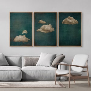 Framed Canvas Wall Art Set of 3 Cloud Print Abstract Green Cloudy Sky Art Print Minimalist Modern Wall Art Living Room Decor