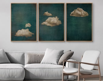Framed Canvas Wall Art Prints Set of 3 Abstract Green Cloud Art Print Minimalist Modern Vintage Wall Art Living Room Decor
