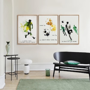 Framed Canvas Wall Art Set of 3 Soccer Players Football Wall Art Prints Inspirational Wall Art Living Room Decor