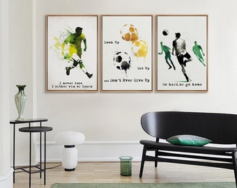 Framed Canvas Wall Art Set of 3 Soccer Players Football Wall Art Prints Inspirational Wall Art Living Room Decor